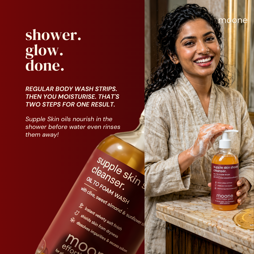 moone Supple Skin Shower Cleanser with triple oil formula - Olive, Sweet Almond & Sunflower Oil | 250 ML
